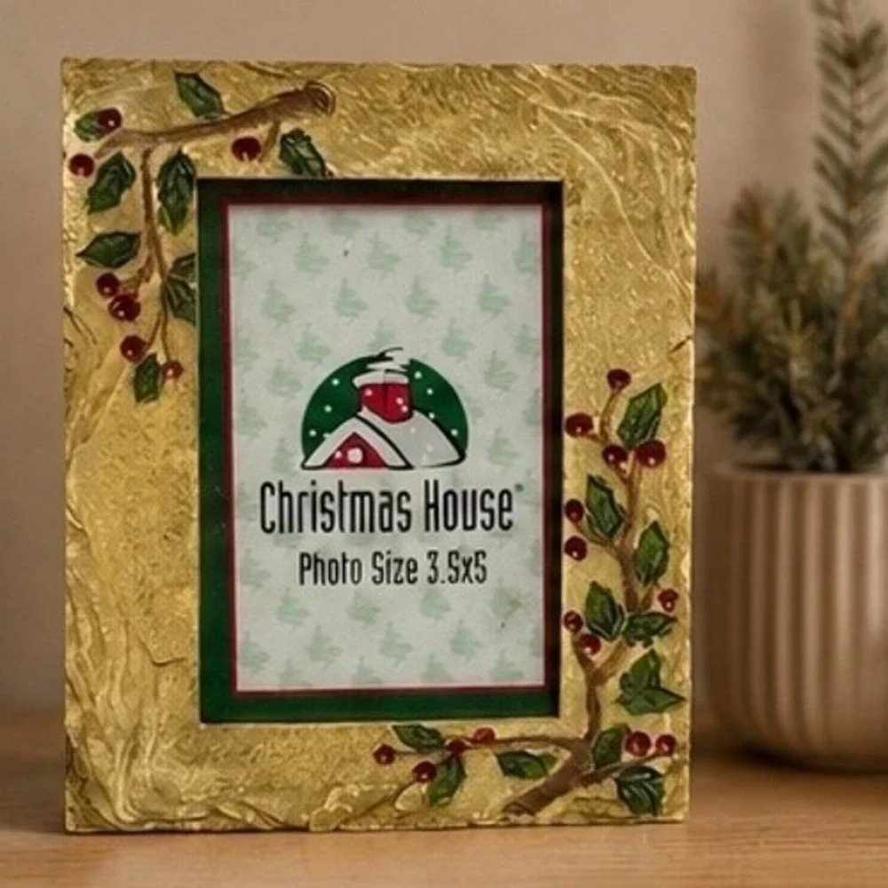 Christmas House Gold Holly Berry 3.5x5 Picture Frame Textured Resin Holiday Deco